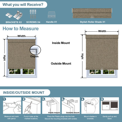 Diagram showing instructions for Sulugood Hand-Held Linen-Wrapped Cassette Valance Roller Shades installation and measurement.