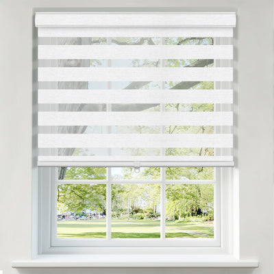 Sulugood Custom Cordless Light-Filtering Zebra Shades with Cover & Handhold installed in a window with a view.
