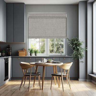 Sulugood Faux Linen Blackout Fabrics Cordless Roller Shades in modern kitchen setting with natural light.