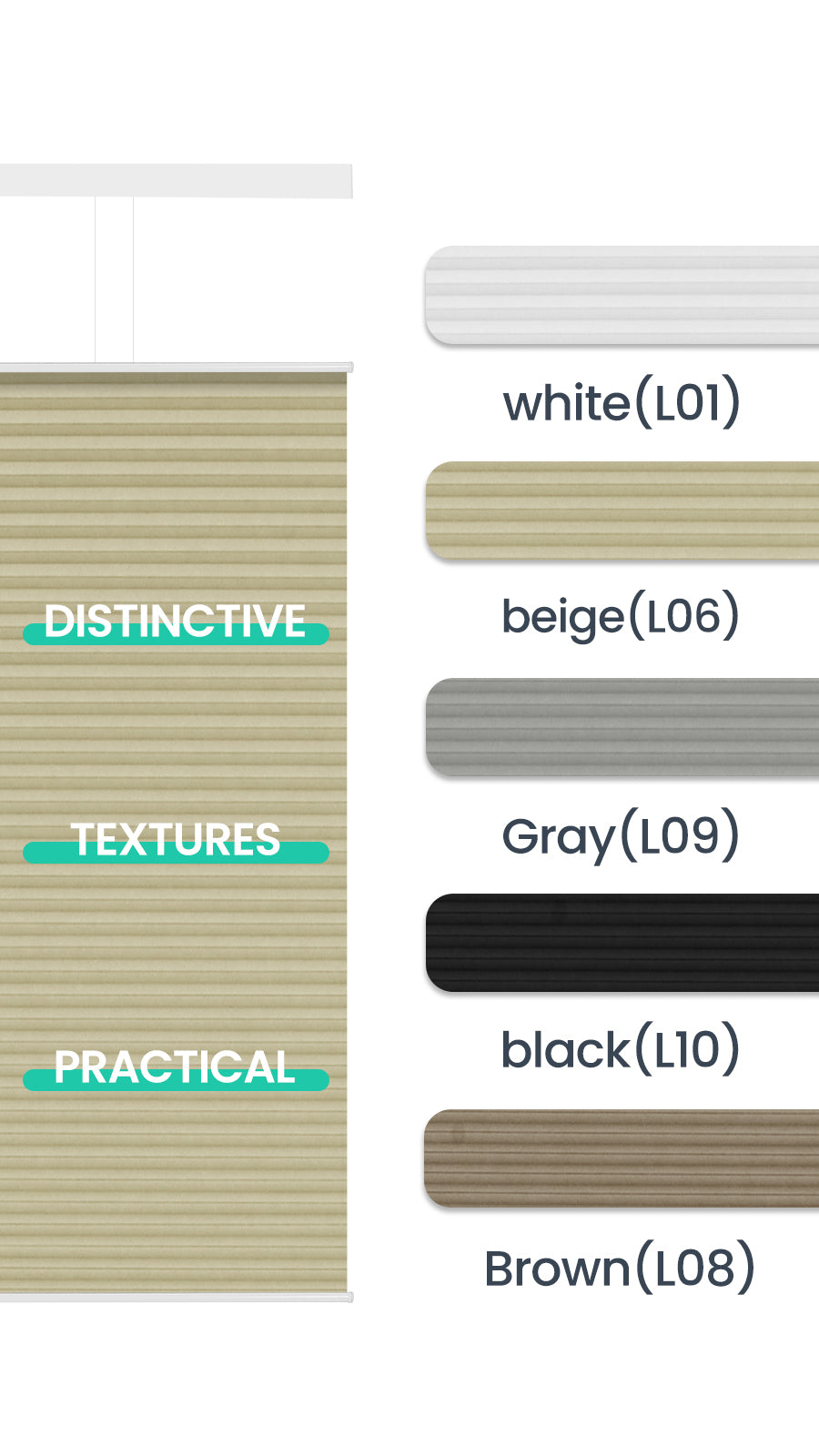 Beige textured window blind with text distinct, textures, practical and color swatches white, beige, gray, black, brown