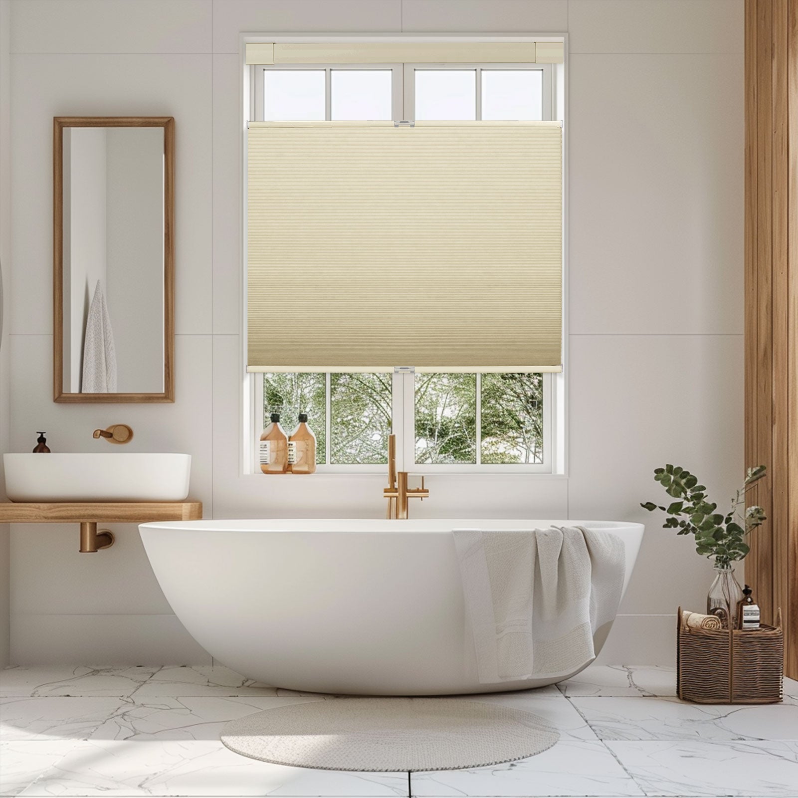 Modern bathroom with white freestanding tub, beige cellular window shade, and wooden accents