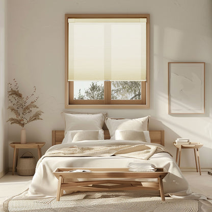 Cozy modern bedroom with beige bedding, wooden bed frame, window with cream blinds, and minimalist decor