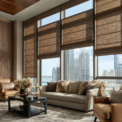 Sulugood Natural Linen Texture Cordless No Drill Top-Down Bottom-Up Roman Shades in a modern living room setting.