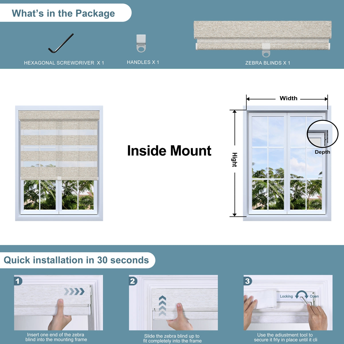 Sulugood No Drill Zebra Blinds Dual Layer Light Control Shades