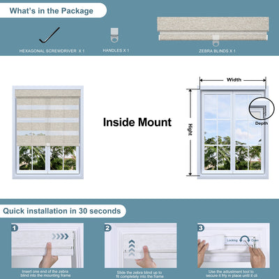 Sulugood No Drill Zebra Blinds Dual Layer Light Control Shades