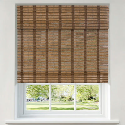 Sulugood Warm Natural Cordless Blackout Light Filtering Bamboo Roman Shades in a sunlit window.