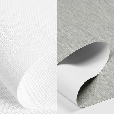 Sulugood Light Filtering and Shading Double-layer Day Night Roller Shades fabric samples in white and gray.