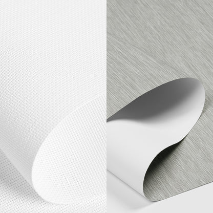 Sulugood Light Filtering and Shading Double-layer Day Night Roller Shades fabric samples in white and gray.
