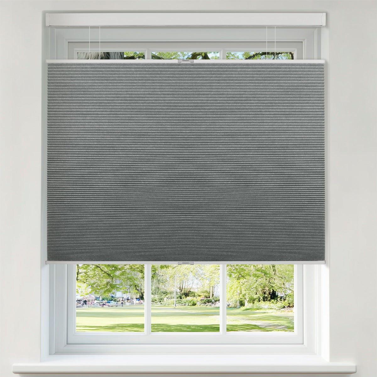 Sulugood Standard Cordless Top Down Bottom Up Jacquard Cellular Shade in grey installed on a window