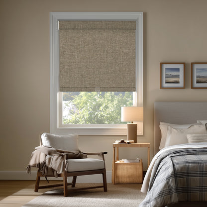 Sulugood Hand-Held Linen-Wrapped Cassette Valance Roller Shades in a cozy bedroom setting.