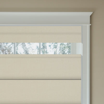 Sulugood No Drill Double Sided Linen Blackout Top Down and Bottom Up Roman Shades installed in a window.