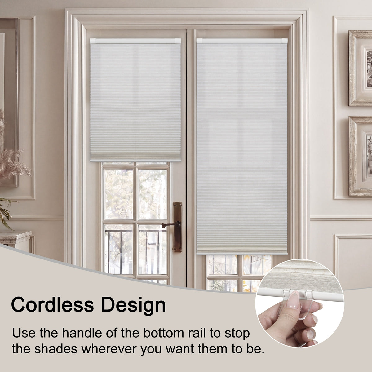 Sulugood No Drill Honeycomb Shades Premium New Linen Texture Light Filtering Beige