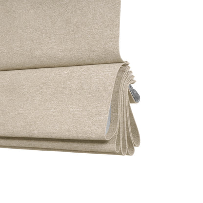 Sulugood Smart Motorized Blackout Light Filterling Roman Shades in beige fabric close-up.