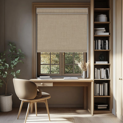 Sulugood Faux Linen Blackout Fabrics Cordless Roller Shades installed in a modern home office setting.