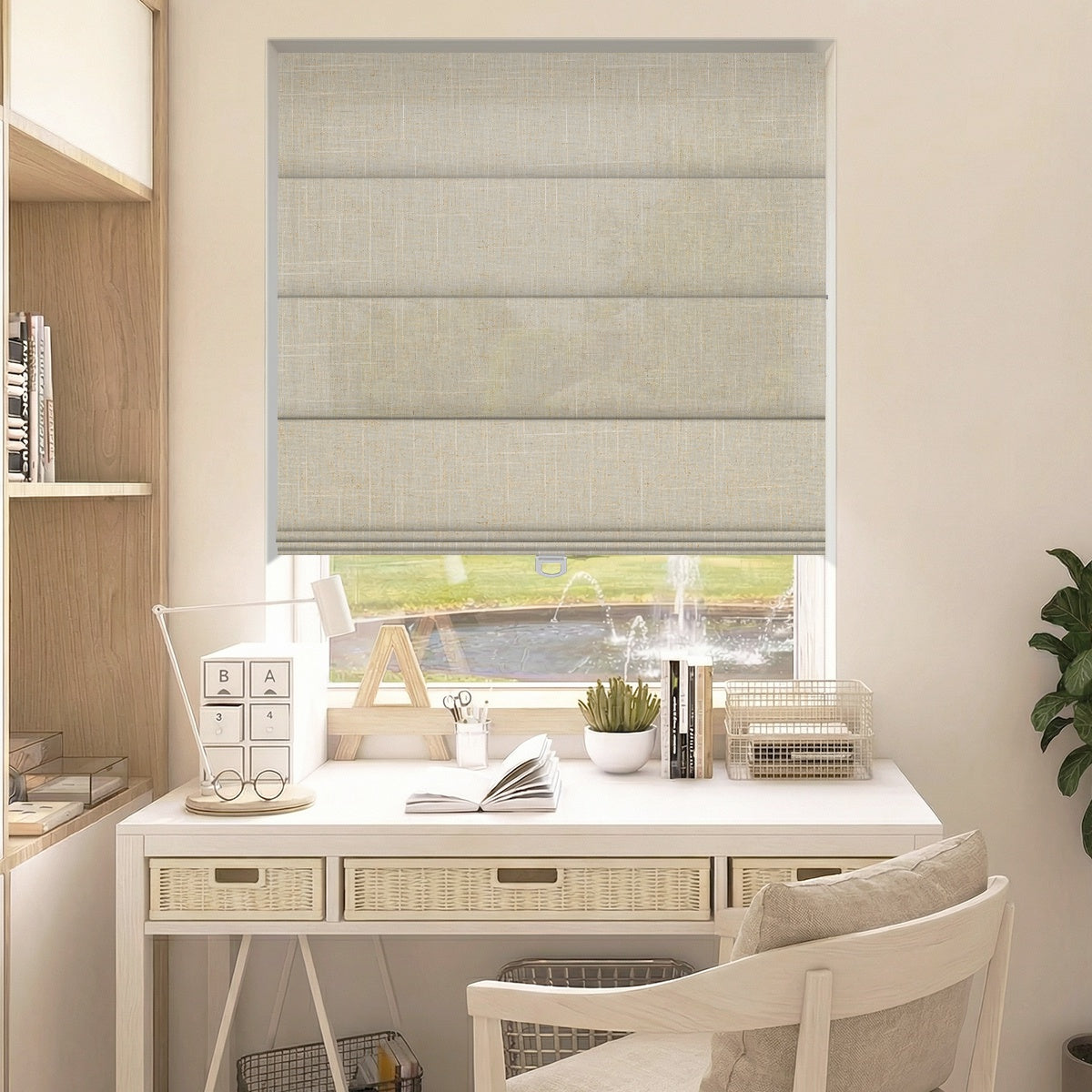 Sulugood No Dril Cordless Blackout Light Filtering Roman Shades in a stylish home office setting.