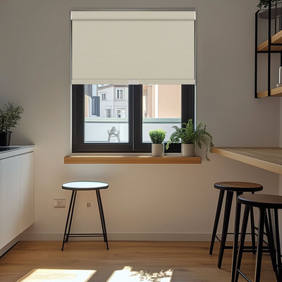 Sulugood Linen Double-sided Same Color Cordless Blackout Roller Shades in a modern kitchen window.