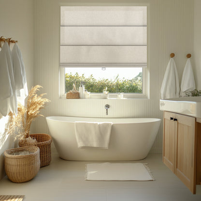 Sululugood No Dril Square Grid Roman Shade in a bright and airy bathroom setting.