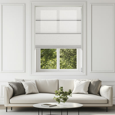Easy Installation Of Grid Striped Fabric Blinds Light Filtering Roman Shades in a bright living room setting.