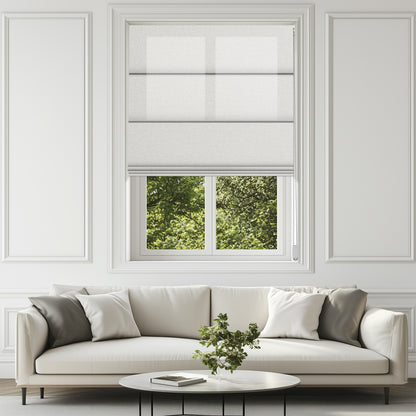 Easy Installation Of Grid Striped Fabric Blinds Light Filtering Roman Shades in a bright living room setting.