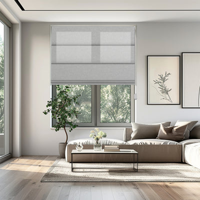 Easy Installation Of Grid Striped Fabric Blinds Light Filtering Roman Shades in a modern living room setup.