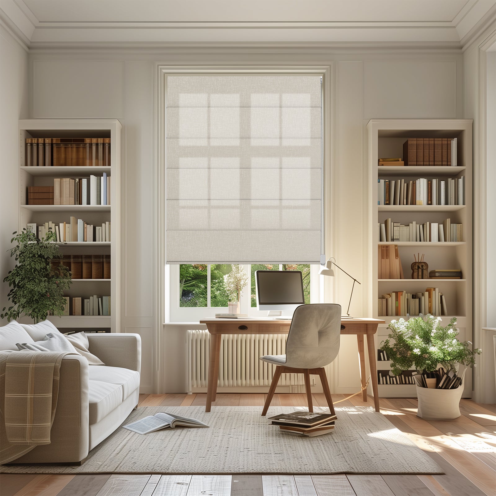Easy Installation Of Grid Striped Fabric Blinds Light Filtering Roman Shades in a bright, modern home office setting.