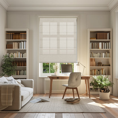 Easy Installation Of Grid Striped Fabric Blinds Light Filtering Roman Shades in a bright, modern home office setting.