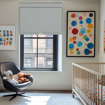 Sulugood Linen Double-sided Same Color Cordless Blackout Roller Shades in a bright nursery with a crib.