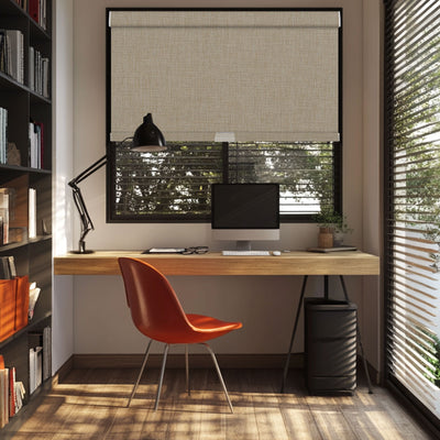 Sulugood Linen Double-sided Same Color Cordless Blackout Roller Shades in a modern home office setting.