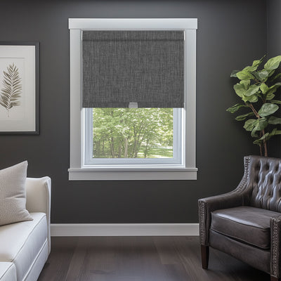Sulugood Linen Double-sided Same Color Cordless Blackout Roller Shades in a modern living room.