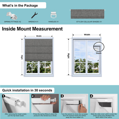 Inside mount measurement guide for Sulugood No Drill Linen Fabric Cordless Blackout Roman Shades installation.