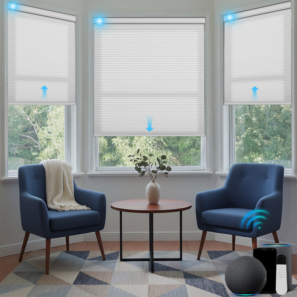 Sulugood Cordless Smart Motorized Blackout & Light Filtering Cellular Shades in a bright living room with furniture.