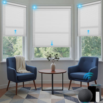 Sulugood Cordless Smart Motorized Blackout & Light Filtering Cellular Shades in a bright living room with furniture.
