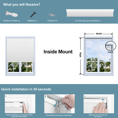 Sulugood No Dril Same Color With Casing Cellular Shades with installation guide and product details.
