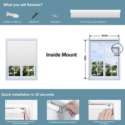 Sulugood No Dril Same Color With Casing Cellular Shades with installation guide and product details.
