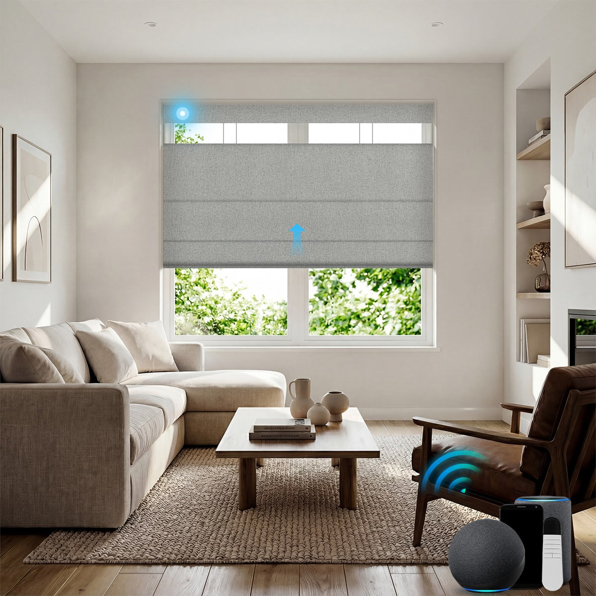 Sulugood Cordless Smart Motorized Top Down Bottom up Blackout Roman Blinds with Remote in a cozy living room setting.