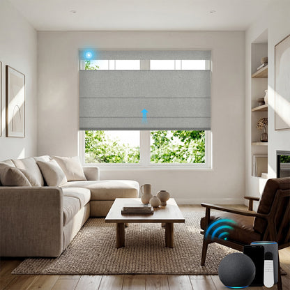 Sulugood Cordless Smart Motorized Top Down Bottom up Blackout Roman Blinds with Remote in a cozy living room setting.