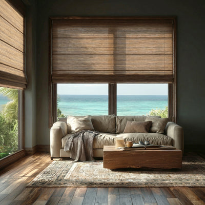 Sulugood Natural Linen Texture Cordless No Drill Top-Down Bottom-Up Roman Shades in a cozy living room setting.