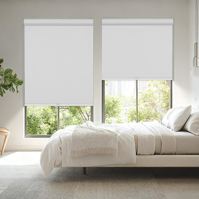 Sulugood Classic Jacquard Cordless Roller Shades in a bright bedroom with natural light.