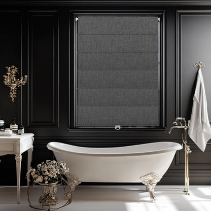 Sulugood No Drill Linen Fabric Cordless Roman Shades in an elegant bathroom setting with black walls.