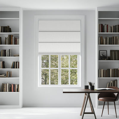 Sululugood No Dril Square Grid Roman Shade installed in a modern room with bookshelves.