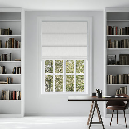 Sululugood No Dril Square Grid Roman Shade installed in a modern room with bookshelves.