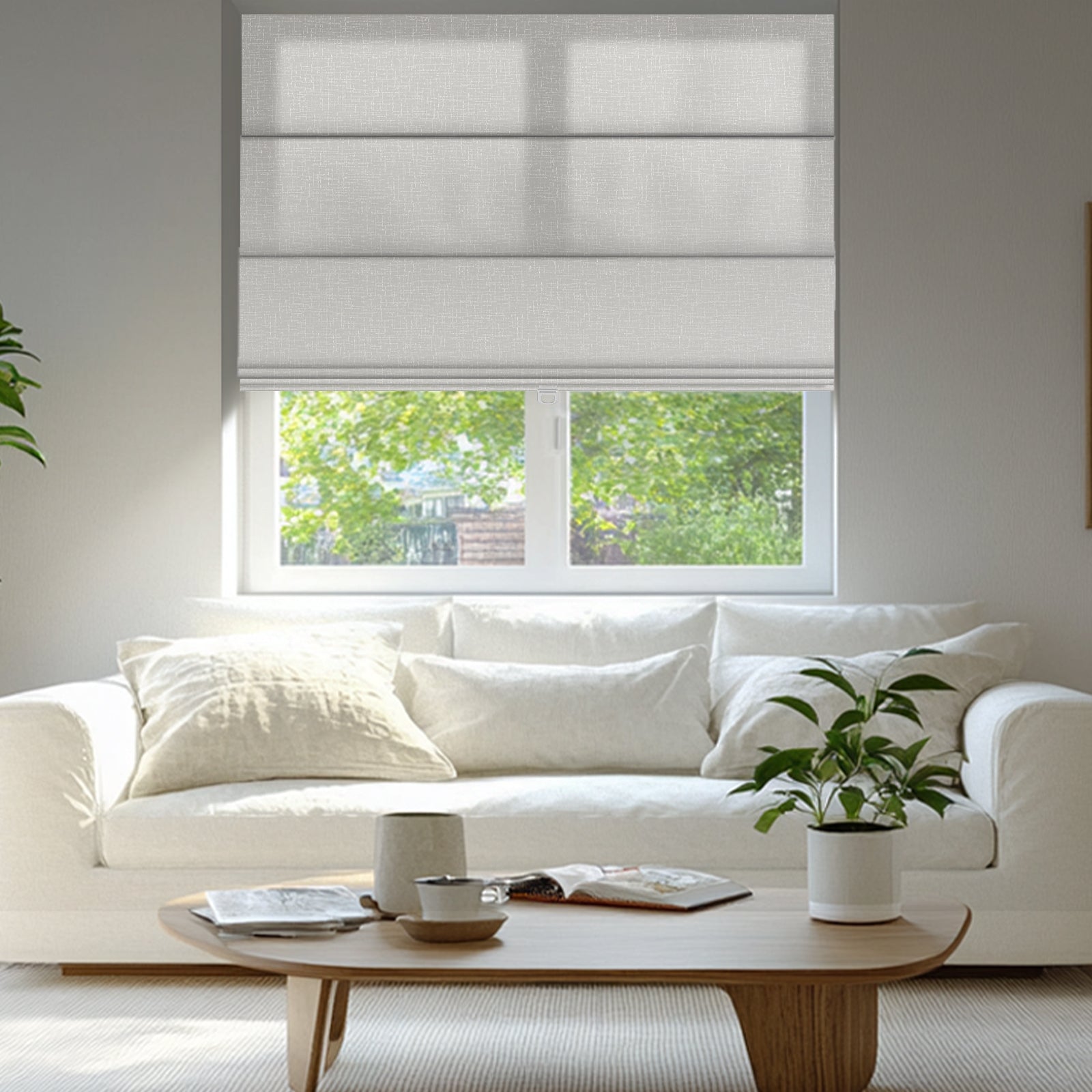 Sululugood No Dril Square Grid Roman Shade installed in a cozy living room setting with natural light.