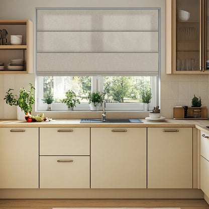 Sululugood No Dril Square Grid Roman Shade installed in a modern kitchen with soft natural light.