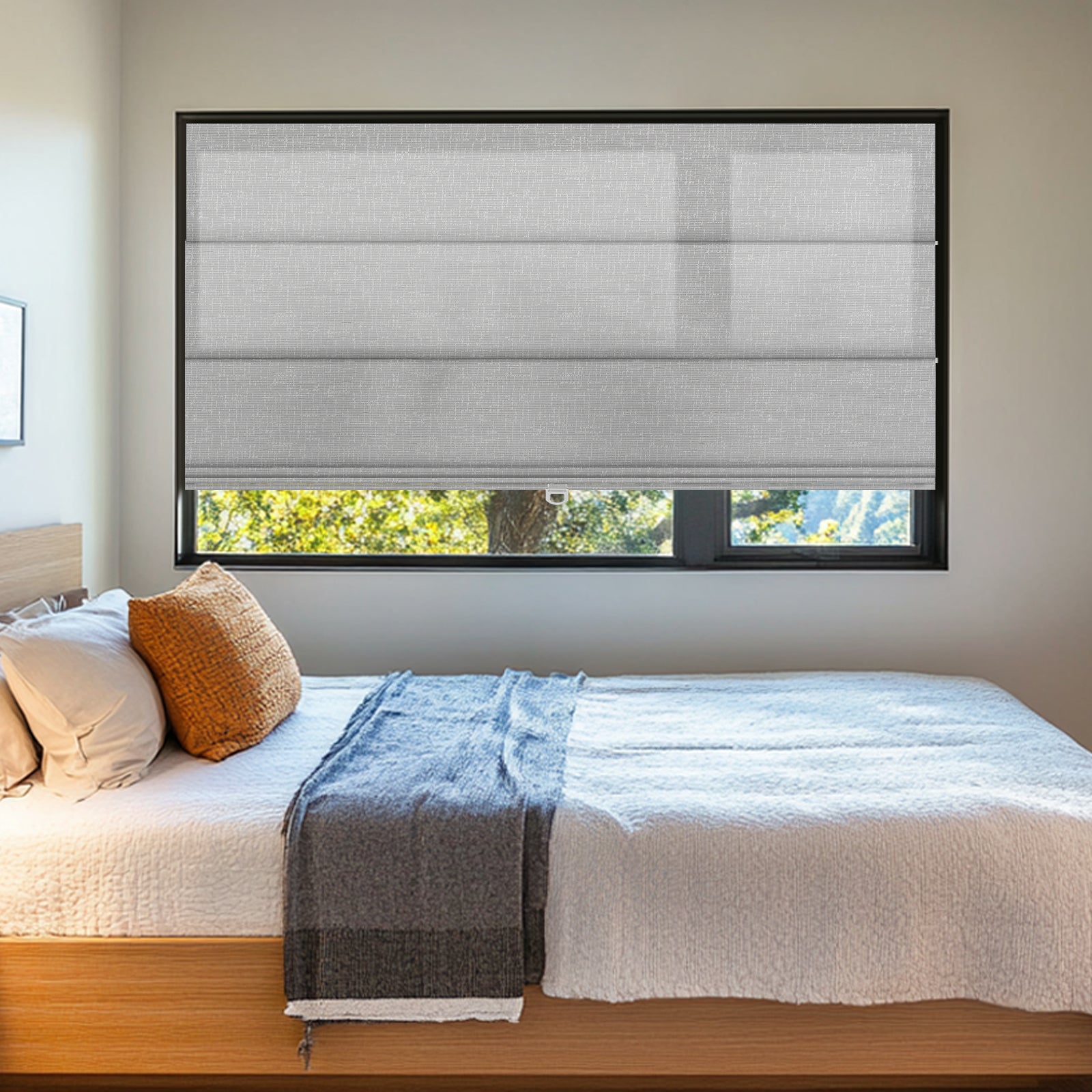 Sululugood No Dril Square Grid Roman Shade installed in a modern bedroom with a cozy bed setting.