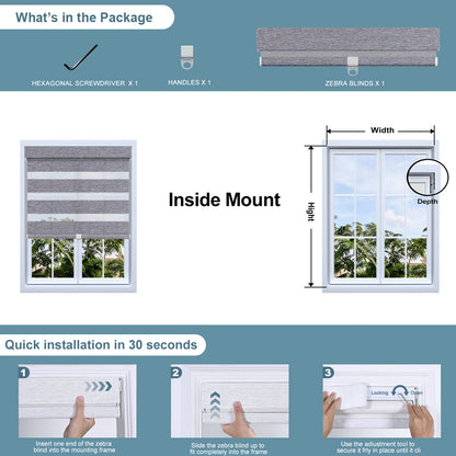 Inside mount grey zebra blinds on window with hexagonal screwdriver and handles included, quick 30-second installation steps