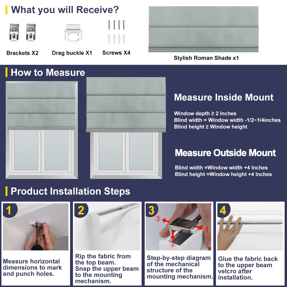 Sulugood Cordless Light Filtering Blackout Roman Shades