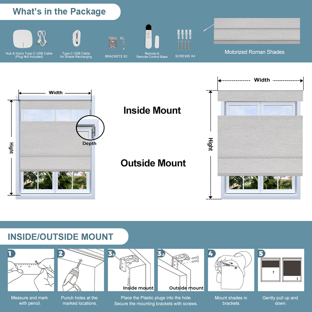 Sulugood Motorized Top down Bottom up Light Filtering & Full View Roman Shades