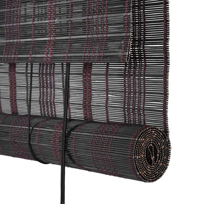 Sulugood Premium Black Hand-Woven Weather Resistant Outdoor Bamboo Shades rolled up, showcasing intricate weaving.