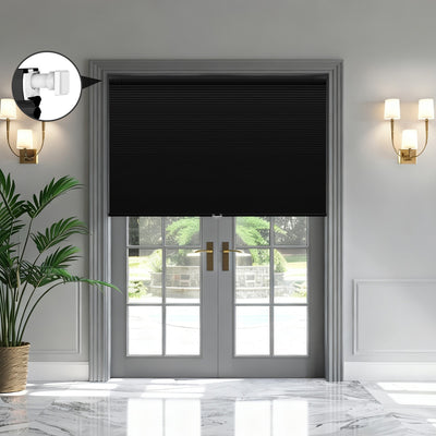 Sulugood NO Drill Same Color With Casing Cellular Shade in black, installed on double doors.
