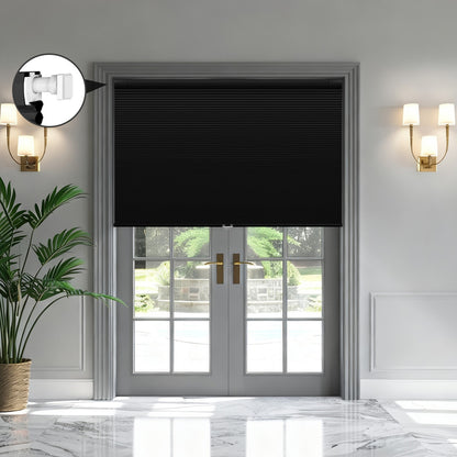 Sulugood NO Drill Same Color With Casing Cellular Shade in black, installed on double doors.